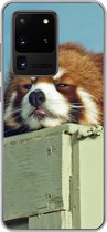 Geschikt voor Samsung Galaxy S20 Ultra hoesje - Panda - Hout - Rood - Siliconen Telefoonhoesje
