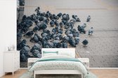 Behang - Fotobehang Een grote groep duiven op straat - Breedte 450 cm x hoogte 300 cm