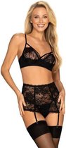 Peonesia 3-delige Kanten Jarretel Set - Zwart - Sexy Lingerie & Kleding - Lingerie Dames - Dames Lingerie - Jarretel Setjes