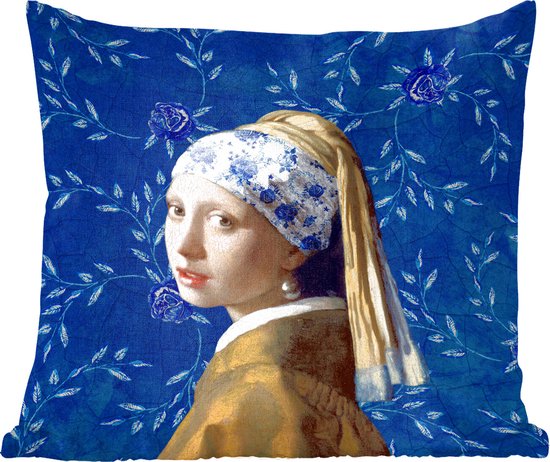 Sierkussens - Kussentjes Woonkamer - 45x45 cm - Meisje met de parel - Delfts blauw - Vermeer - Bloemen - Schilderij - Oude meesters