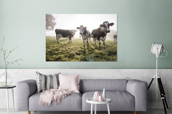 Un matin brumeux avec les vaches frisonnes au pâturage Aluminium 120x80 cm - Tirage photo sur aluminium (décoration murale métal)