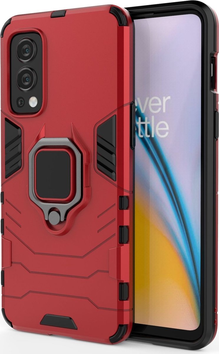 Mobigear Hoesje geschikt voor OnePlus Nord 2 Telefoonhoesje Hardcase | Mobigear Armor Ring Backcover Shockproof met Ringhouder | Schokbestendig Nord 2 Telefoonhoesje | Anti Shock Proof - Rood