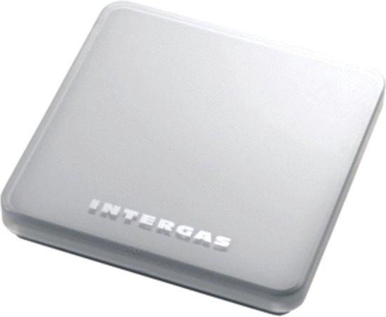 Witte Intergas Comfort Touch thermostaat met gladde, matte afwerking en subtiel logo.