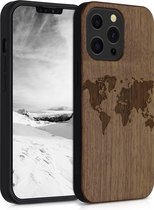 kwmobile telefoonhoesje compatibel met Apple iPhone 13 Pro - Hoesje met bumper in donkerbruin - walnoothout - Wereldkaart design