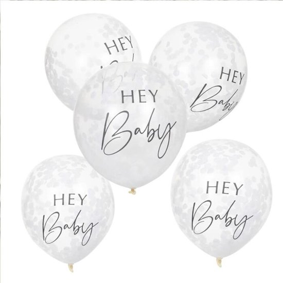 Foto: Confettiballonnen hey baby wit 5 stuks