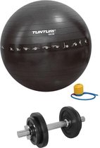 Tunturi - Fitness Set - Halterset 10 kg incl 1 Dumbellstang - Gymball Zwart met Anti Burst 55 cm