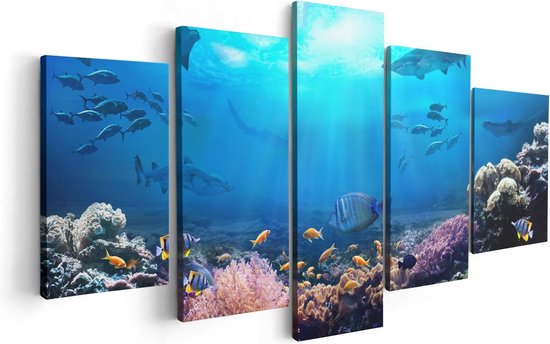 Pentaptyque Artaza - Peinture sur toile - Pêche avec des requins dans l'océan avec récif de corail - 100x50 - Photo sur toile - Impression sur toile