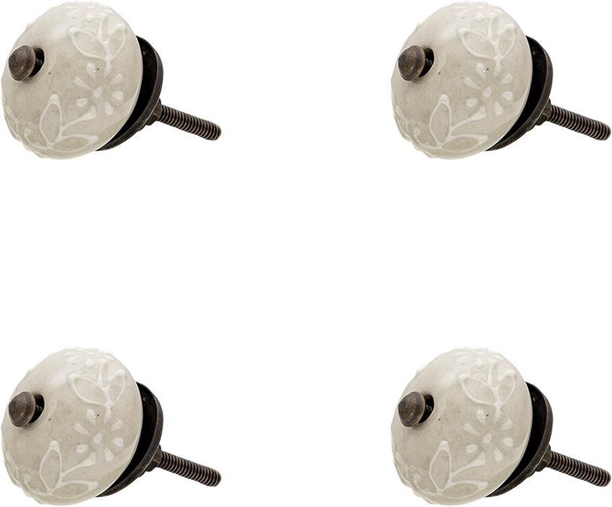 Clayre & Eef Deurknop Set van 4 Ø 4 cm Beige Keramiek Rond Bloemen Meubelknop Kastknop
