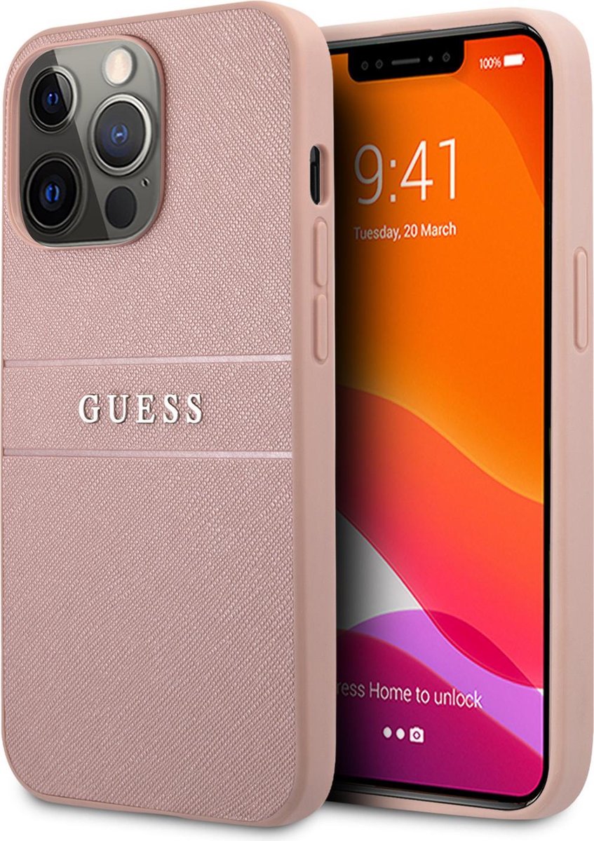 Guess Saffiano PU leren Backcase geschikt voor iPhone 13 Pro Max hoesje Roze