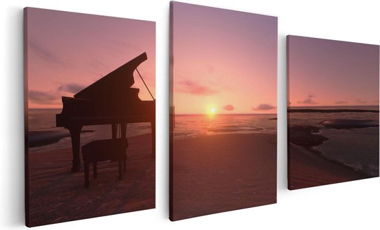 Artaza Canvas Schilderij Drieluik Piano op het Strand bij Zonsondergang - 120x60 - Foto Op Canvas - Canvas Print