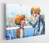 Canvas schilderij - Watercolor painting of son and mother, hand drawn on paper  -     1206704788 - 80*60 Horizontal