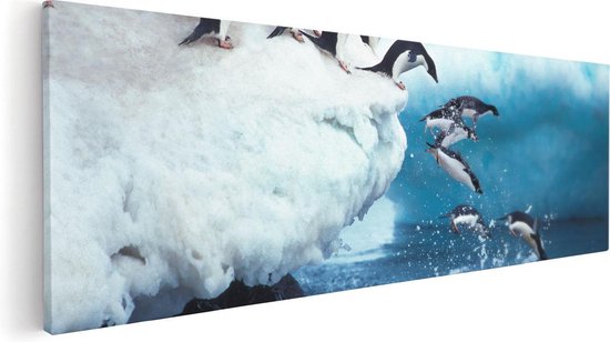 Artaza Canvas Schilderij Kudde Pinguïns Springen vanaf een Rots - 90x30 - Foto Op Canvas - Canvas Print