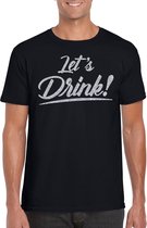Lets drink t-shirt zwart met zilveren glitter tekst heren - Oud en Nieuw / Glitter en Glamour zilver party kleding shirt L