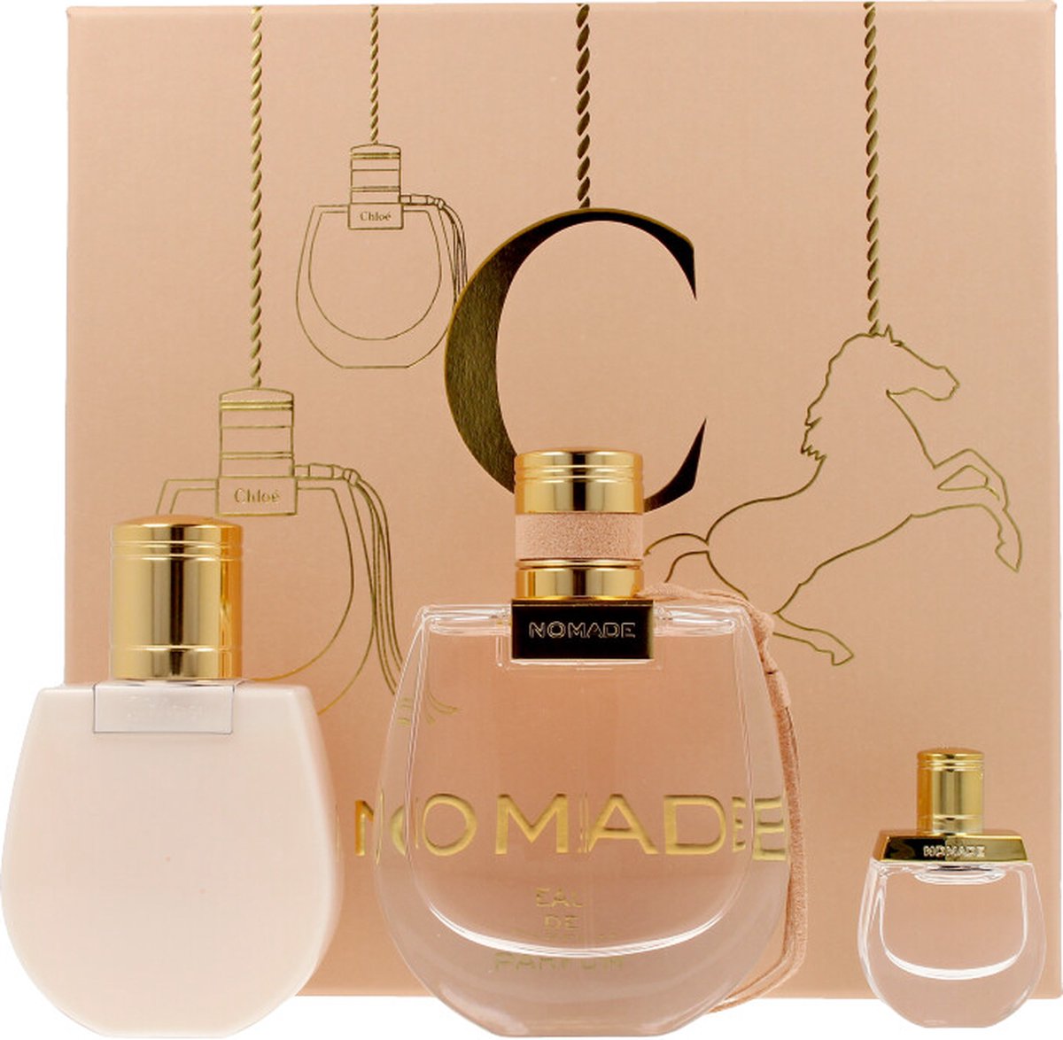 Goedkoopste Chloé Nomade Giftset - 75 ml eau de parfum spray 5 ml eau de parfum tasspray 100 ml bodylotion - cadeauset voor dames