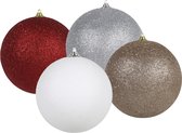 4x stuks grote glitter kerstballen van 13.5 cm set - Zilver - Champagne - Wit - Rood - Kerstversieringen