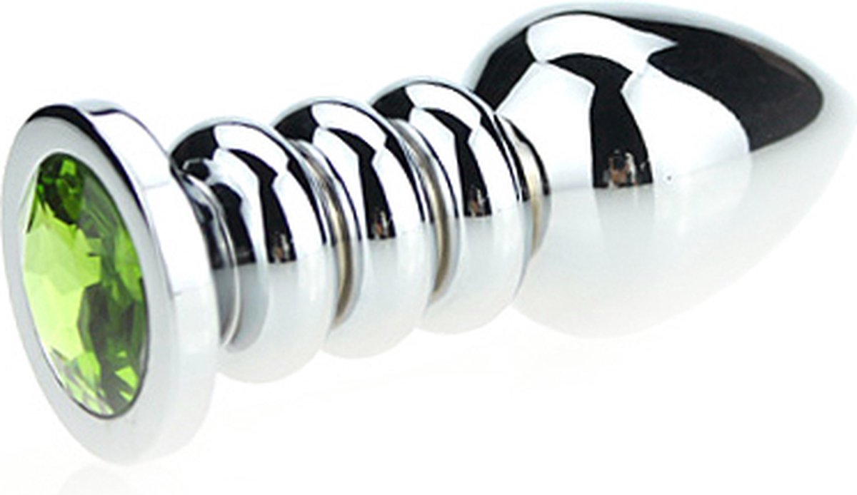 Goedkoopste Buttplug aluminium geribbeld met kristal - groen