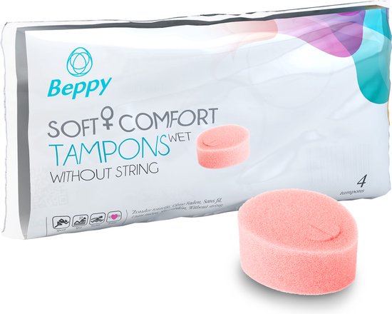 Verpakking met 4 Beppy Soft+Comfort Tampons WET zonder touwtje. Twee roze tampons zichtbaar.