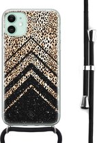 iPhone 11 hoesje met koord - Chevron luipaard | Apple iPhone 11 crossbody case | Zwart, Transparant | Luipaardprint