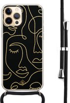 iPhone 12 Pro hoesje met koord - Abstract faces | Apple iPhone 12 Pro crossbody case | Zwart, Transparant | Geometrisch patroon