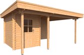 Blokhut met overkapping plat dak 200 x 250 + 100 / 300 x 350cm