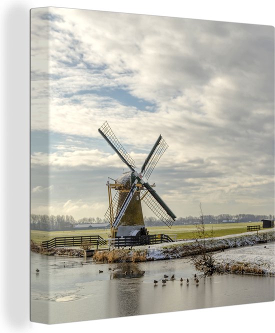 Canvas Schilderij Winters landschap met een windmolen aan het water - 20x20 cm - Wanddecoratie
