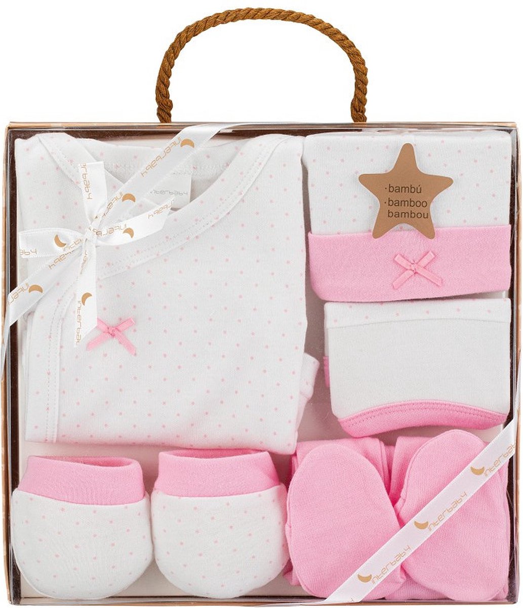 Goedkoopste Interbaby Babykledingset Stipjes Katoen Roze Maat 50/68 5-delig