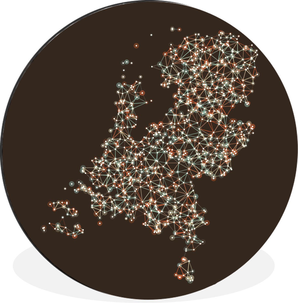 WallCircle - Wandcirkel - Muurcirkel - Netwerk mesh kaart van Nederland - Aluminium - Dibond - 60x60 cm - Binnen en Buiten
