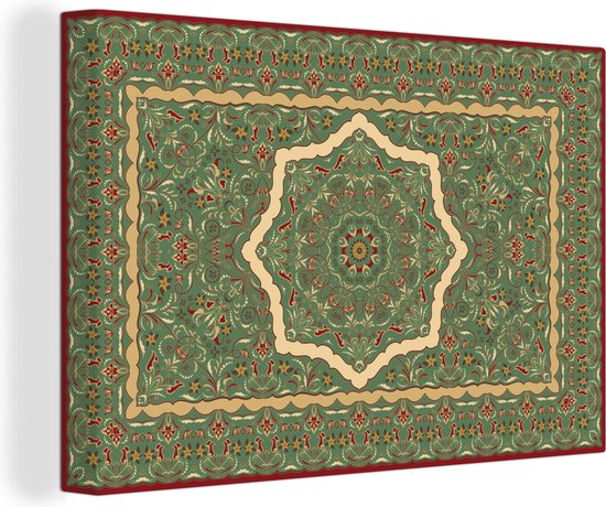Toile Peinture Tapis Persan - Tapis - Mandala - Vert - 120x80 cm - Décoration murale