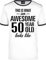 Awesome 50 year - geweldige 50 jaar wit/zwart ringer cadeau t-shirt heren -  Verjaardag cadeau / Abraham XL