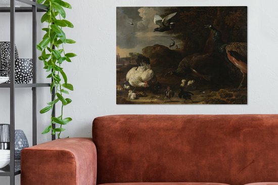 Une poule avec des poussins menacés par deux paons - Peinture de Melchior d'Hondecoeter sur toile 80x60 cm - Tirage photo sur toile (Décoration murale salon / chambre)