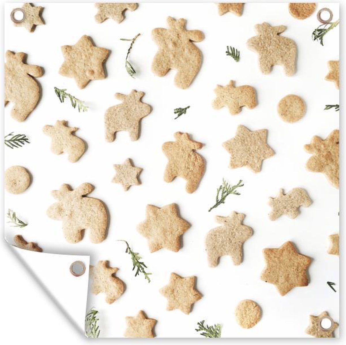 Tuinposter voor Kerst met afbeelding van bakken koekjes op een afmeting van 200x200 cm.