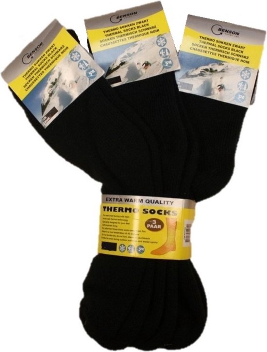 Drie paar zwarte Benson thermische sokken, extra warm, maat 39-42.