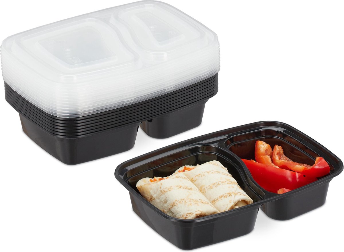 meal prep bakjes - set van 10 - 2 vakken - voor magnetron - 800 ml - plastic