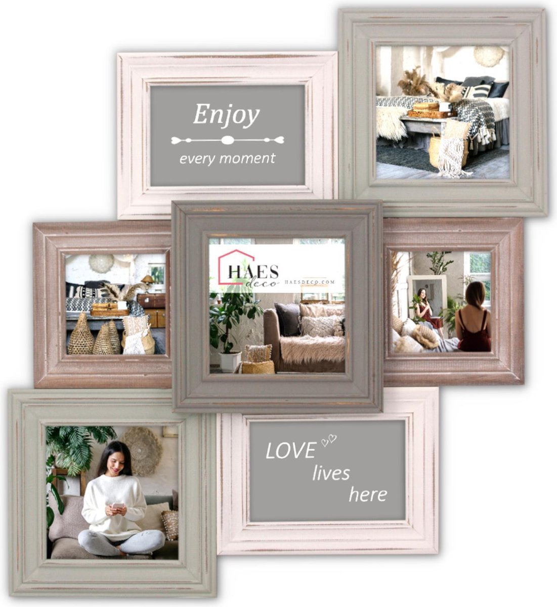 HAES deco Houten Galerie / Multi Fotolijst Grenoble in vintage kleuren grijs, bruin en wit voor 7 foto's (formaat 52,5 x 48,5 cm) - MP103 Multicolor