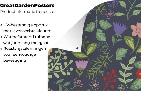 Tuinposter 80x160 cm - Tuindecoratie Een bloemdessin illustratie met veel kleur - Poster voor in de tuin - Buiten decoratie - Schutting tuinschilderij - Tuindoek muurdecoratie - Wanddecoratie balkondoek