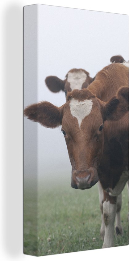 Tableau Peinture Vaches - Marron - Brouillard - 20x40 cm - Décoration murale