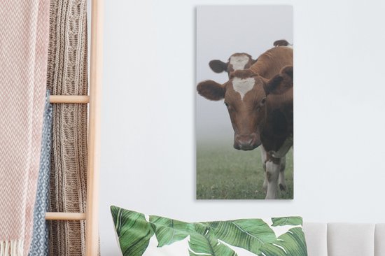 Tableau Peinture Vaches - Marron - Brouillard - 20x40 cm - Décoration murale