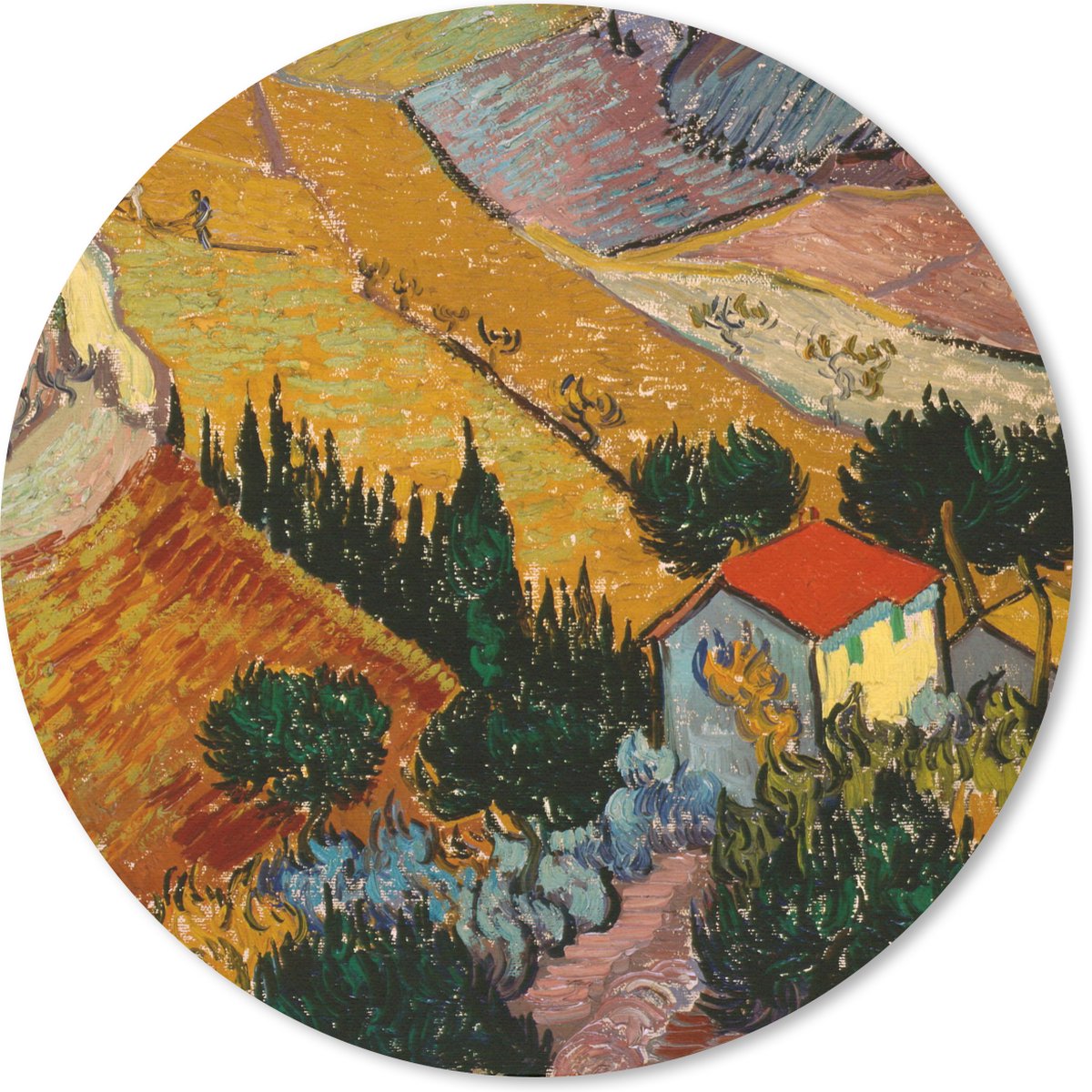 Muismat - Mousepad - Rond - Landschap met een huis en een ploeger - Vincent van Gogh - 50x50 cm - Ronde muismat