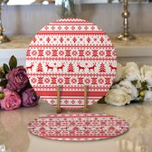 Velvet textile placemat met hout - Kerst rode rendieren - Christmas - 2 stuks - 33 cm - Onderlegger