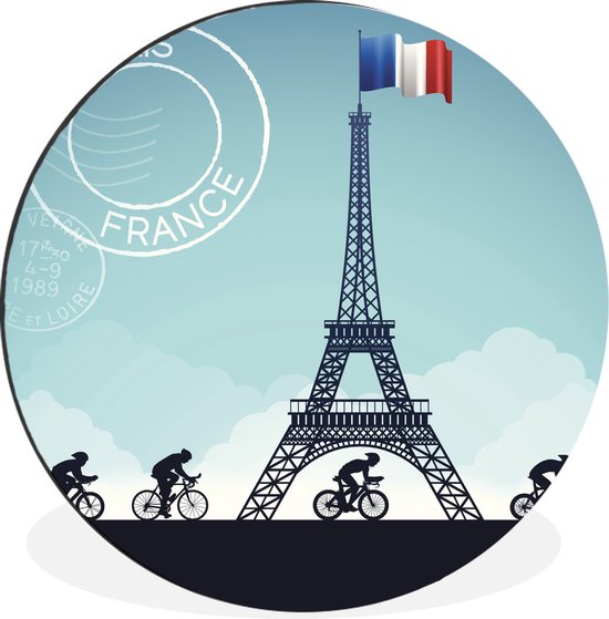 WallCircle - Wandcirkel - Muurcirkel - Een illustratie van wielrenners die fietsen langs de Eiffeltoren - Aluminium - Dibond - ⌀ 30 cm - Binnen en Buiten