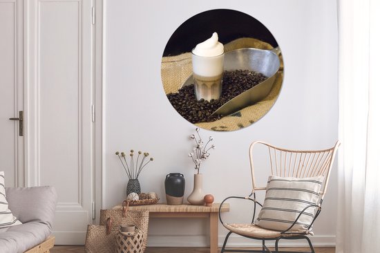 WallCircle - Wandcirkel ⌀ 120 - Latte macchiato met koffiebonen - Ronde schilderijen woonkamer - Wandbord rond - Muurdecoratie cirkel - Kamer decoratie binnen - Wanddecoratie muurcirkel - Woonaccessoires XXL