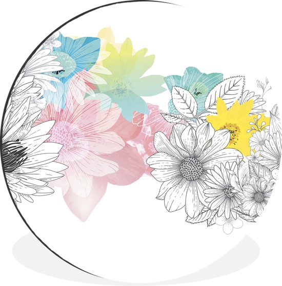 WallCircle - Wandcirkel - Muurcirkel - Een bloemdessin illustratie met kleur - Aluminium - Dibond - ⌀ 140 cm - Binnen en Buiten