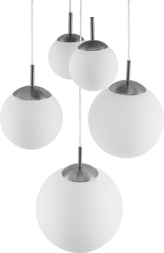 Lindby - hanglamp - 5 lichts - metaal, glas - E27 - mat nikkel, opaal wit