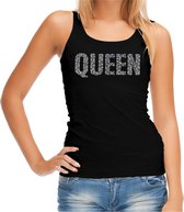 Glitter Queen tanktop zwart met steentjes/ rhinestones voor dames - Glitter kleding/ foute party outfit S