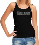 Glitter Holland tanktop zwart met steentjes/rhinestones voor dames - Oranje fan shirts - Holland / Nederland supporter - EK/ WK top / outfit S