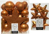 Kerstversiering kunststof kerstballen en hangers cognac bruin 5-6-8 cm pakket van 39x stuks - Met ster vorm piek van 19 cm