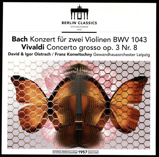 Albumhoes met een viool, vlindervleugels en tekst: Bach Konzert für zwei Violinen BWV 1043 Vivaldi Concerto grosso op. 3 Nr. 8