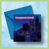 Kerstkaarten - Met envelop - Donkerblauw Huizen Stille Nacht5x15cm - Gezegende kerst - Christelijk - Bijbel - Geloof - De Wonderwolk - 5 stuks