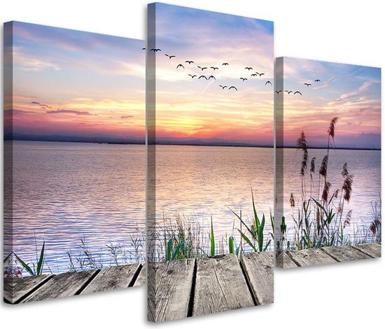 Trend24 - Canvas Schilderij - Zonsondergang Aan Het Water - Drieluik - Landschappen - 120x80x2 cm - Meerkleurig