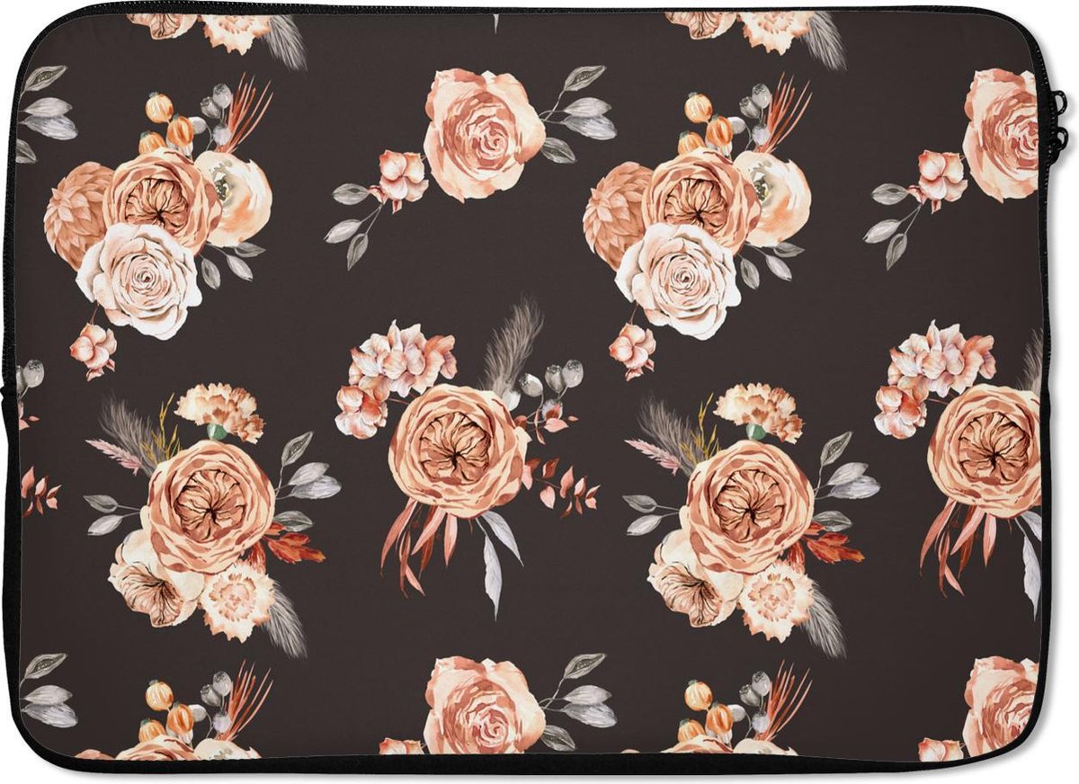 Laptophoes 14 inch - Bloemen - Zwart - Patroon - Laptop sleeve - Binnenmaat 33x23 cm - Zwarte achterkant